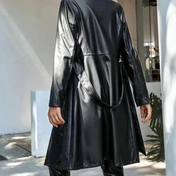 Black Party Women's Lapel Collar Belted Faux Leather Trench Coat - Picture 3 of 6